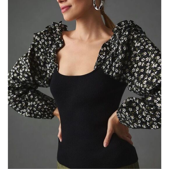 NWT Anthropologie Woven Ruffle-Sleeve Floral Sweater Top Size PS - Picture 1 of 9